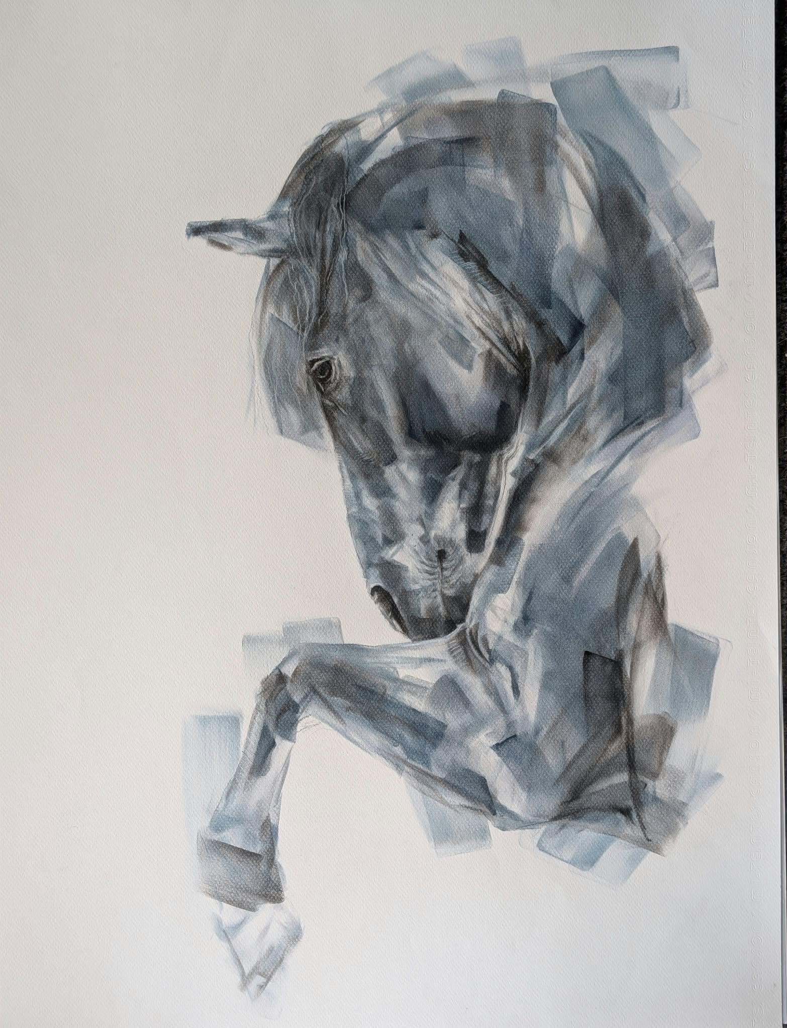 A dark horse bows its head, its form dissolving into expressive blue-gray marks.